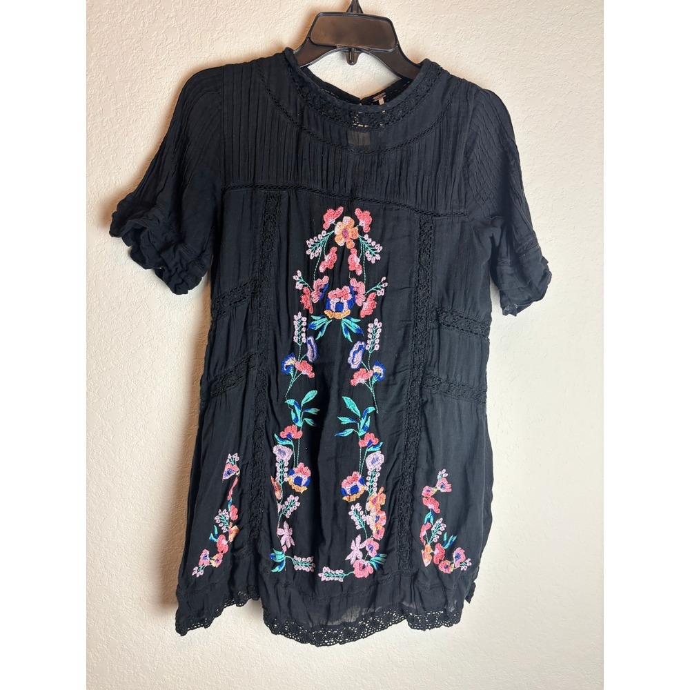 Free People Black Embroidered Floral Boho Lace Mini Dress XS Cotton Gauze